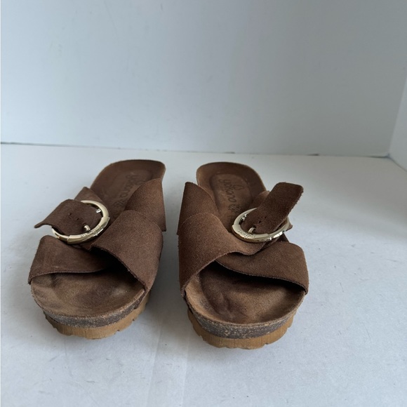 Yokono tan sueded leather cross strap slide on cork wedge sandals size 8 - Picture 10 of 11